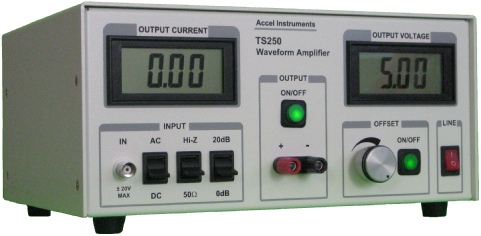 Waveform amplifier is high current and high voltage for signal and function generators.