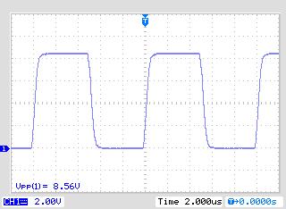 Waveform amplifier outputs a square-wave into a heavy load from a function generator.