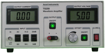 Waveform amplifier amplifies signal generator output for either higher current, voltage, or power.